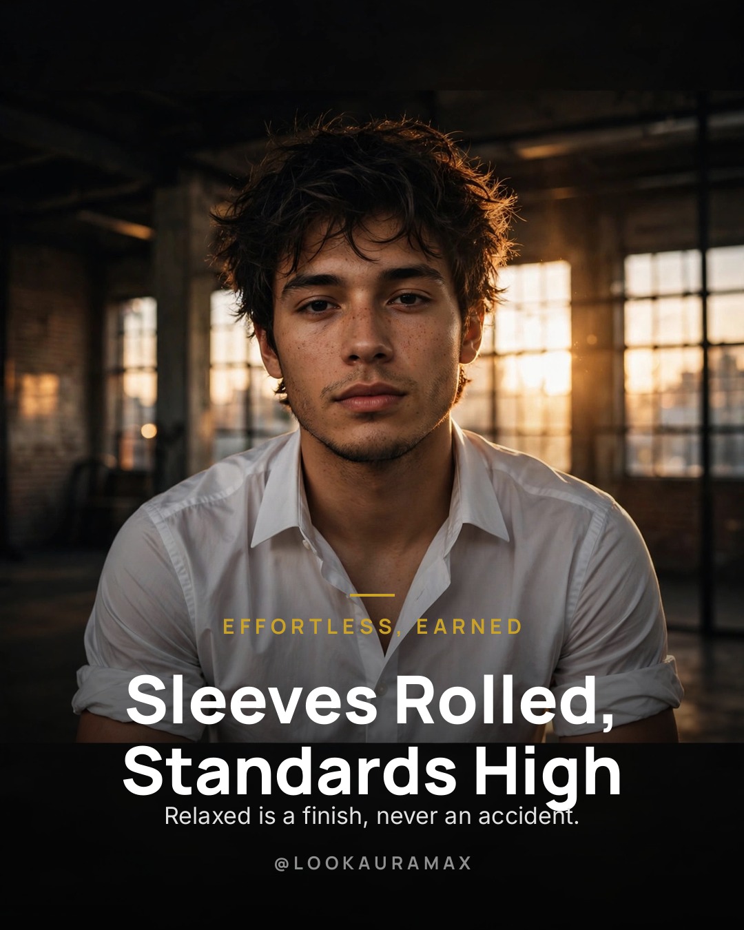 Lookauramax poster: Sleeves Rolled, Standards High — Two folds up the forearm — relaxed, but deliberate.