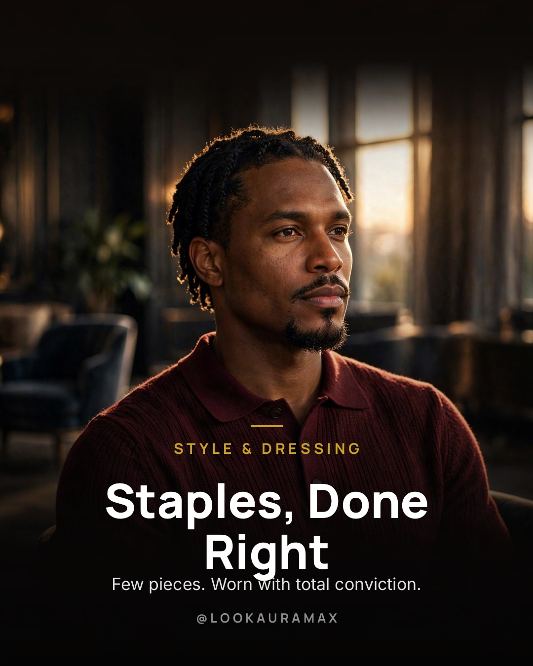 Lookauramax poster: Staples, Done Right — A knit polo. A clean tee. A white shirt that fits.