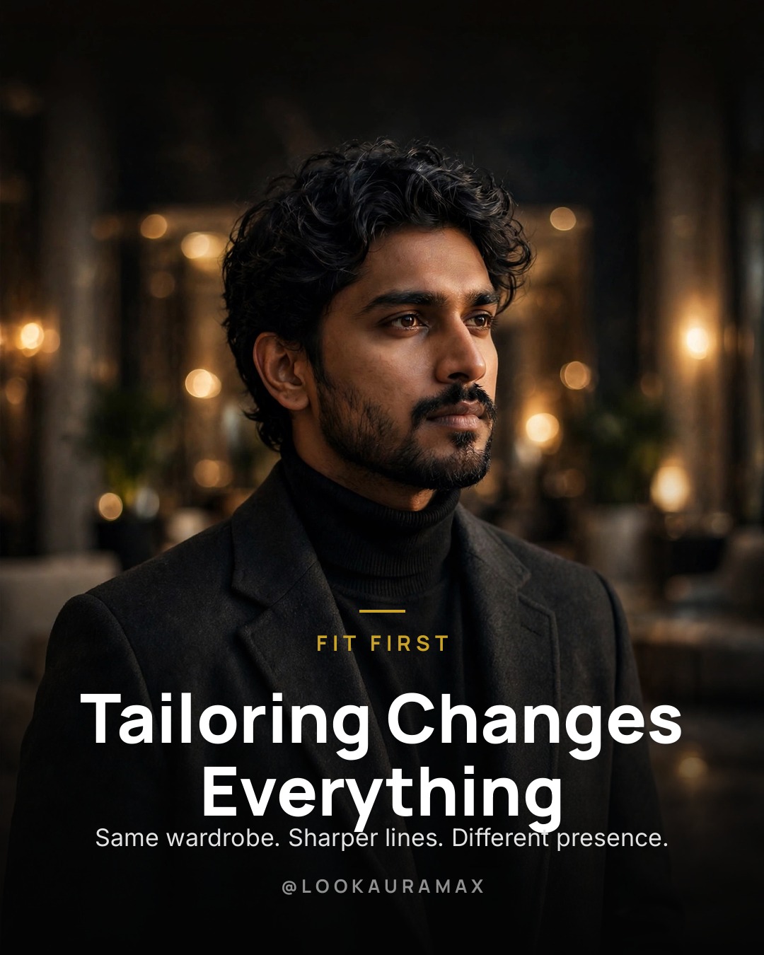 Lookauramax poster: Tailoring Changes Everything — The same shirt, adjusted by a tailor, reads like a different brand.