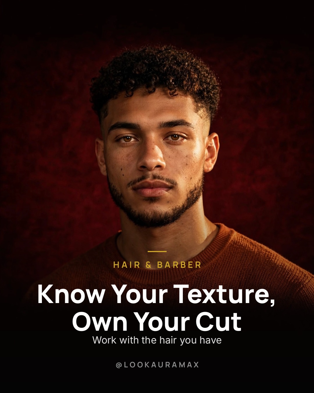 Lookauramax poster: Texture decides the playbook. — Curls, coils, waves, straight — each one styles its own way.