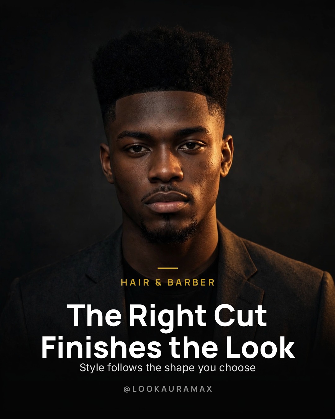 Lookauramax poster: The cut is not an afterthought. — Shape, proportion, presence — it all starts up top.