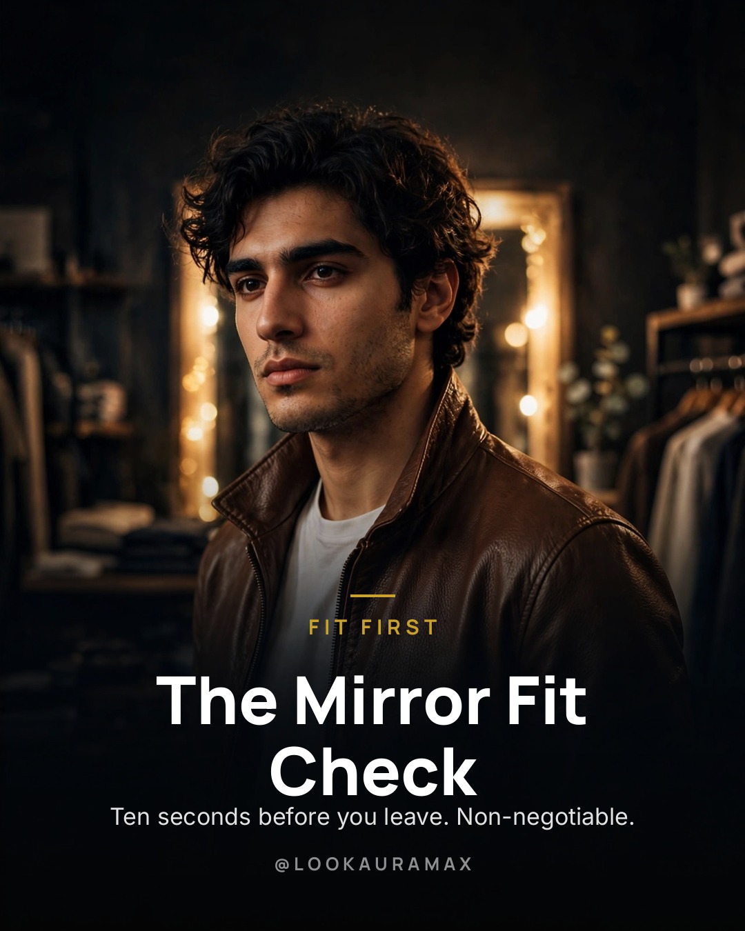Lookauramax poster: The Mirror Fit Check — Collar. Shoulders. Sleeve length. Hem.