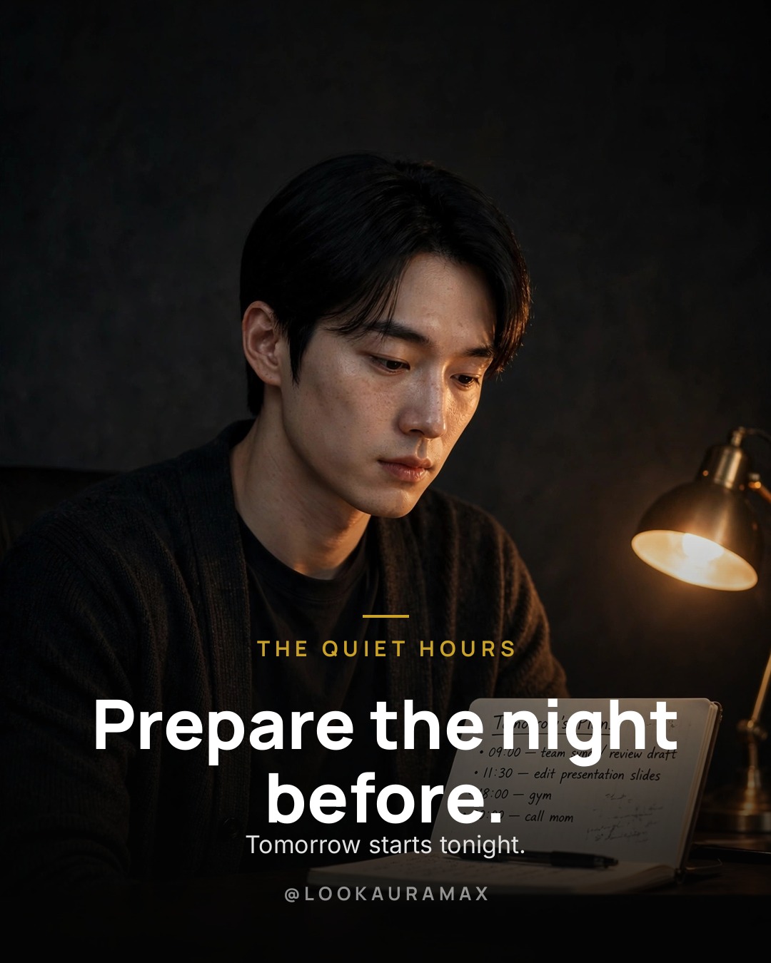 Lookauramax poster: Tomorrow starts tonight. — Lay out the plan, then let the morning flow.
