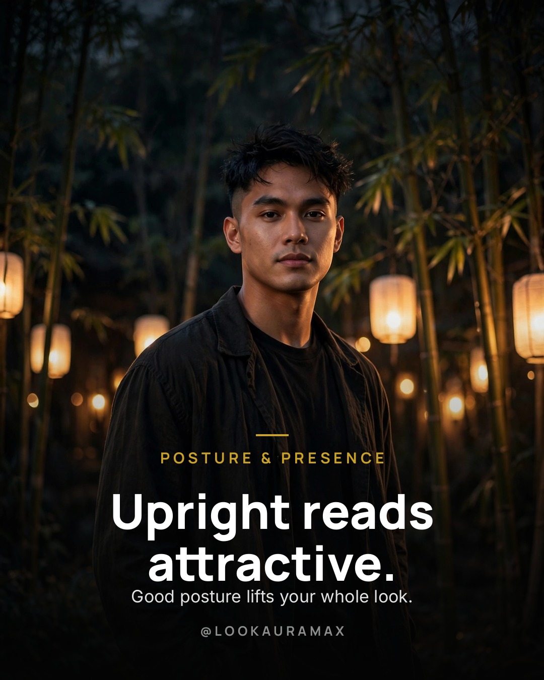 Lookauramax poster: Upright reads attractive. — Good posture lifts your whole look — pure alignment.