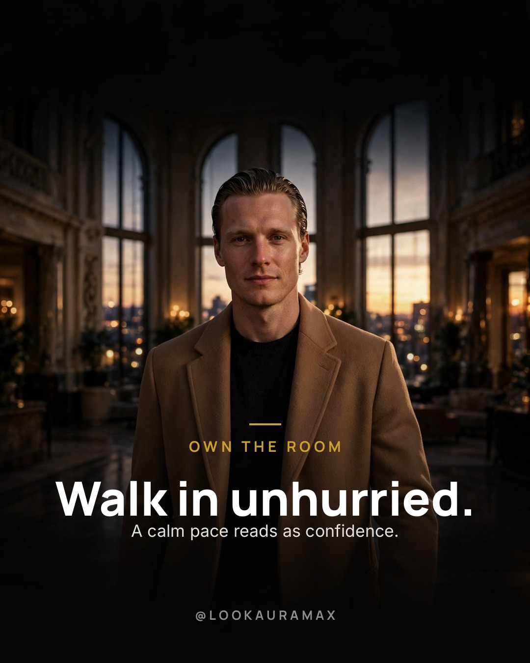 Lookauramax poster: Walk in unhurried. — A calm pace reads as confidence — the room settles when you do.