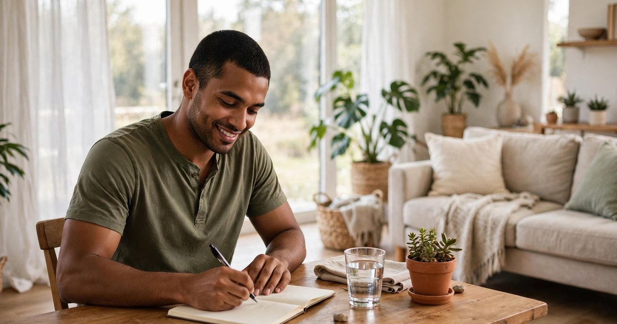 Illustration: AI-generated image of a fictional man in his late 20s writing in a notebook at a tidy desk in a bright living room