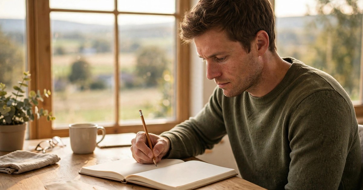 Illustration of a fictional man writing in a paper planner at a tidy desk near a window