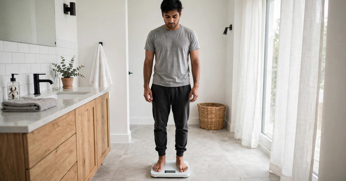 Illustration of a fictional man standing on a bathroom scale in a bright bathroom