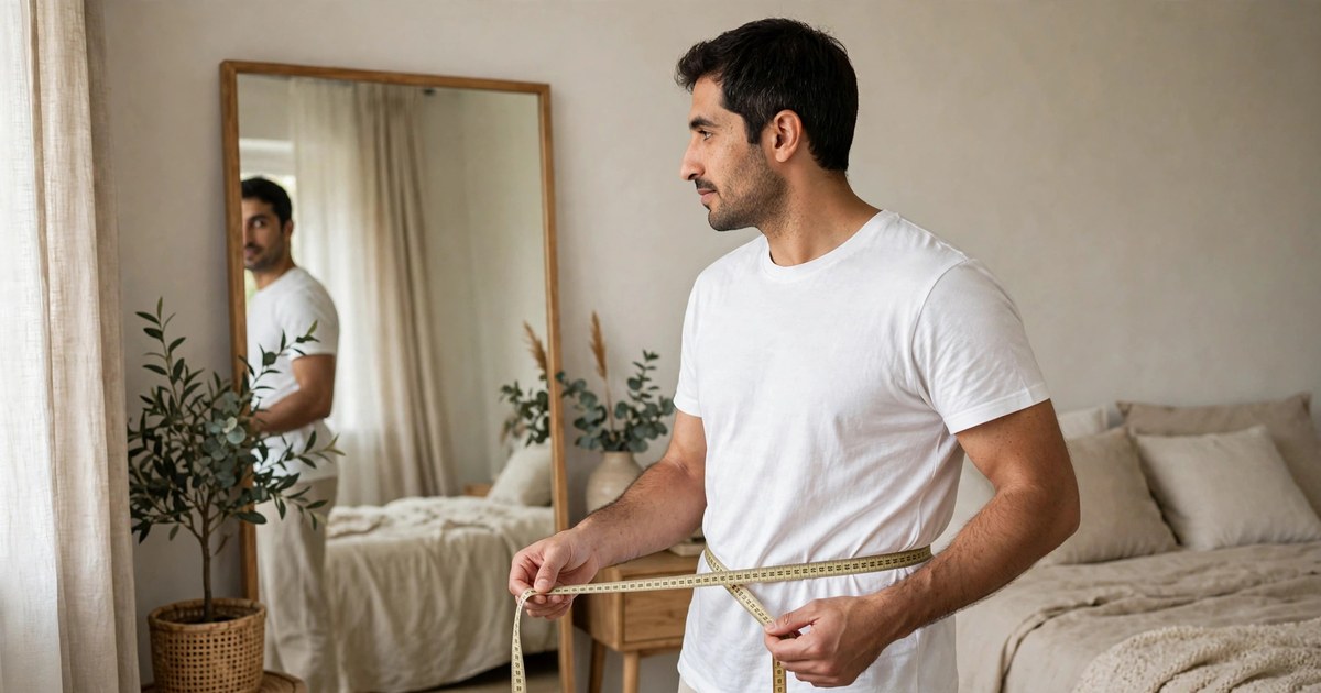 Illustration of a fictional man measuring his waist with a tape measure in front of a mirror