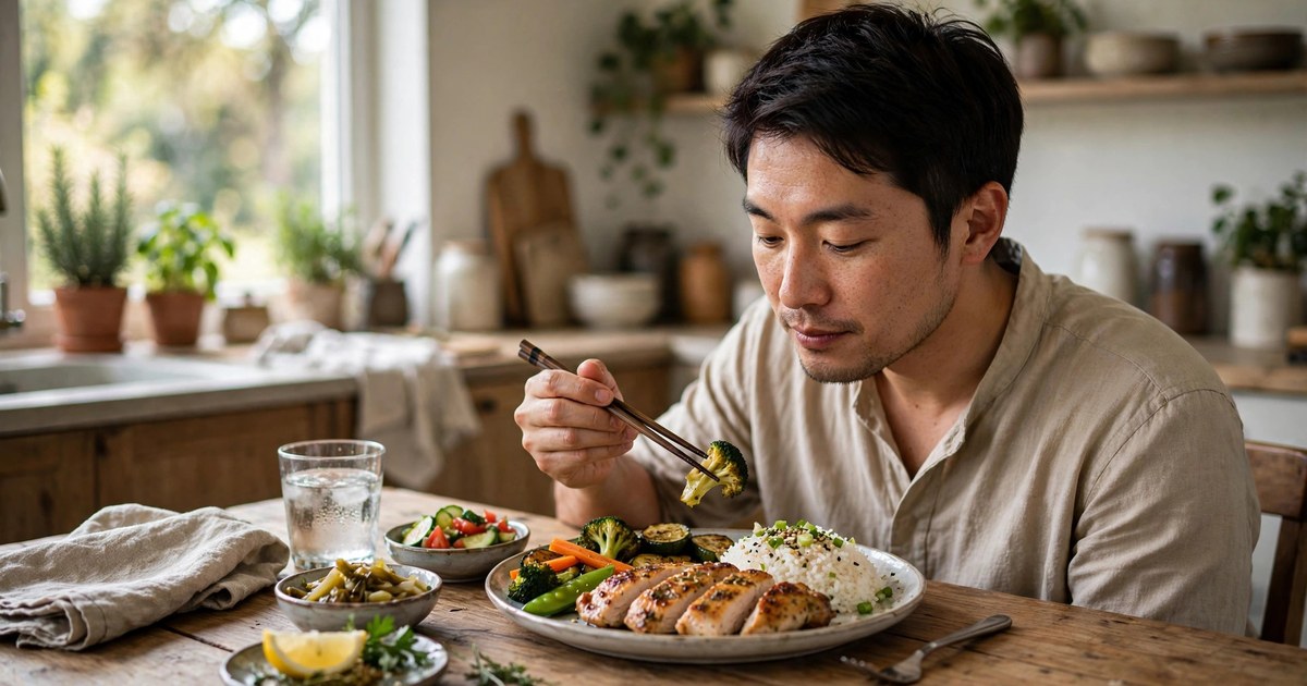 Illustration of a fictional man eating a balanced home-cooked meal at a kitchen table
