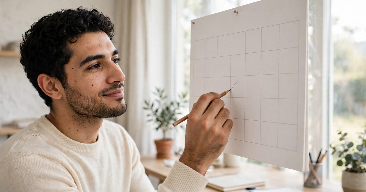 Illustration of a fictional man marking a wall calendar with a pencil in a bright home office