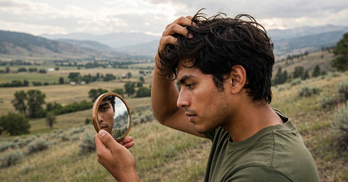 Illustration of a fictional man with thick wavy hair running his fingers through his natural hair in front of a mirror