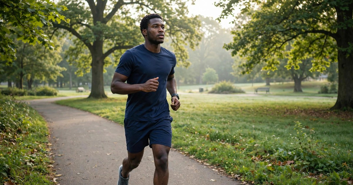 Illustration of a fictional man jogging at an easy pace along a park path in the morning
