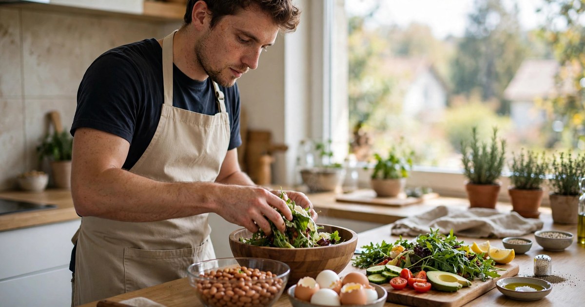 Illustration of a fictional man preparing a high-protein lunch of eggs, beans and salad at a kitchen counter