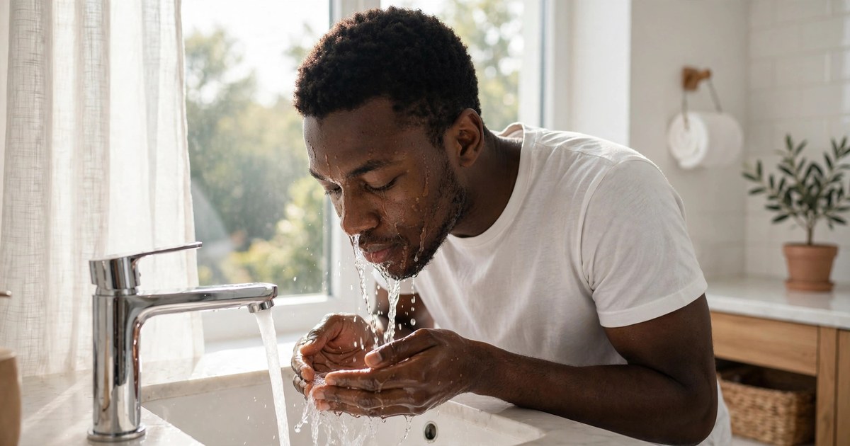 Illustration of a fictional man washing his face at a bathroom sink in the morning