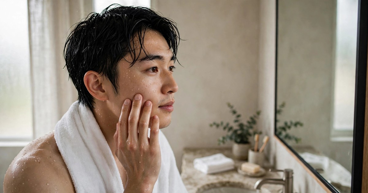 Illustration of a fictional man looking into a bathroom mirror and touching his cheek