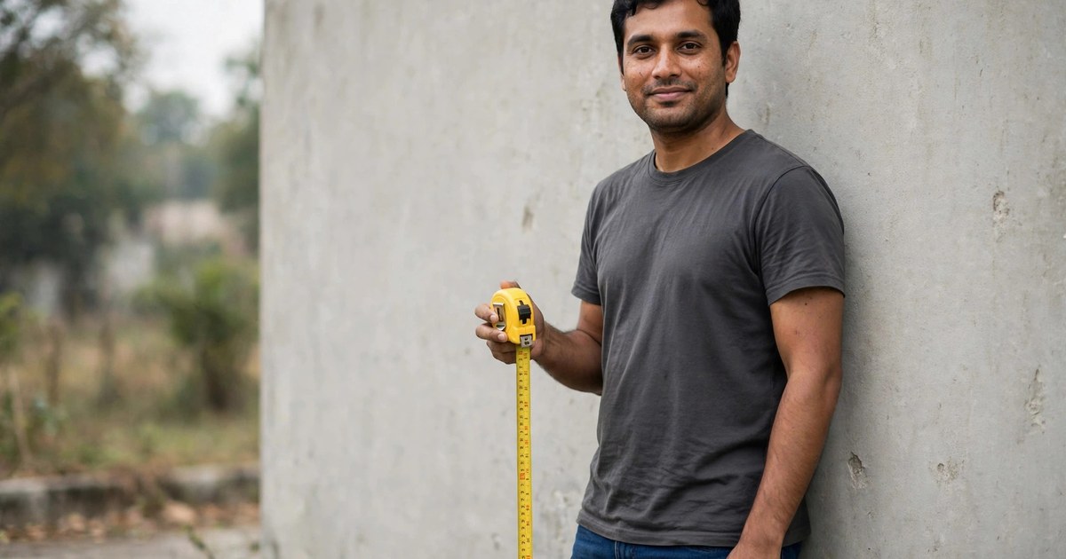 Illustration of a fictional man standing tall against a plain wall holding a tape measure