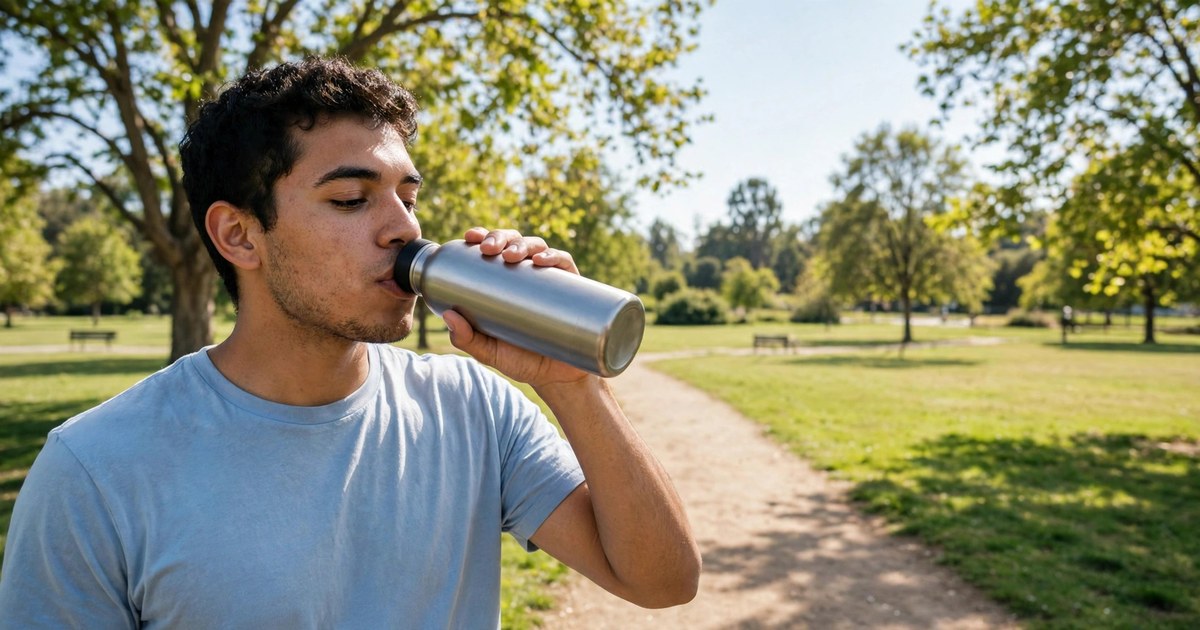 Illustration of a fictional man drinking from a reusable water bottle in a sunny park